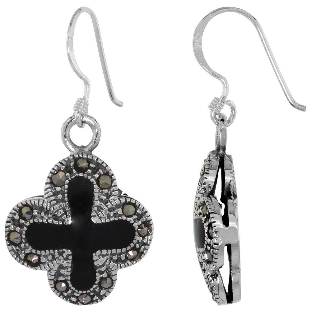 Sterling Silver Black Onyx Cross Marcasite Dangle Earrings, 1 3/8 inch long