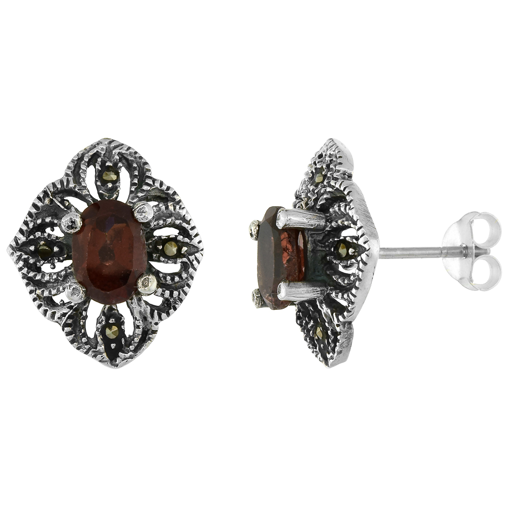 STERLING SILVER CUBIC ZIRCONIA GARNET MARCASITE STUD EARRINGS, 5/8 INCH WIDE