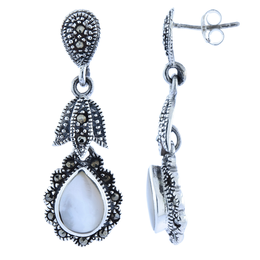 Sterling Silver Mother of Pearl Teardrop Marcasite Dangle Earrings, 1 1/2 inch long
