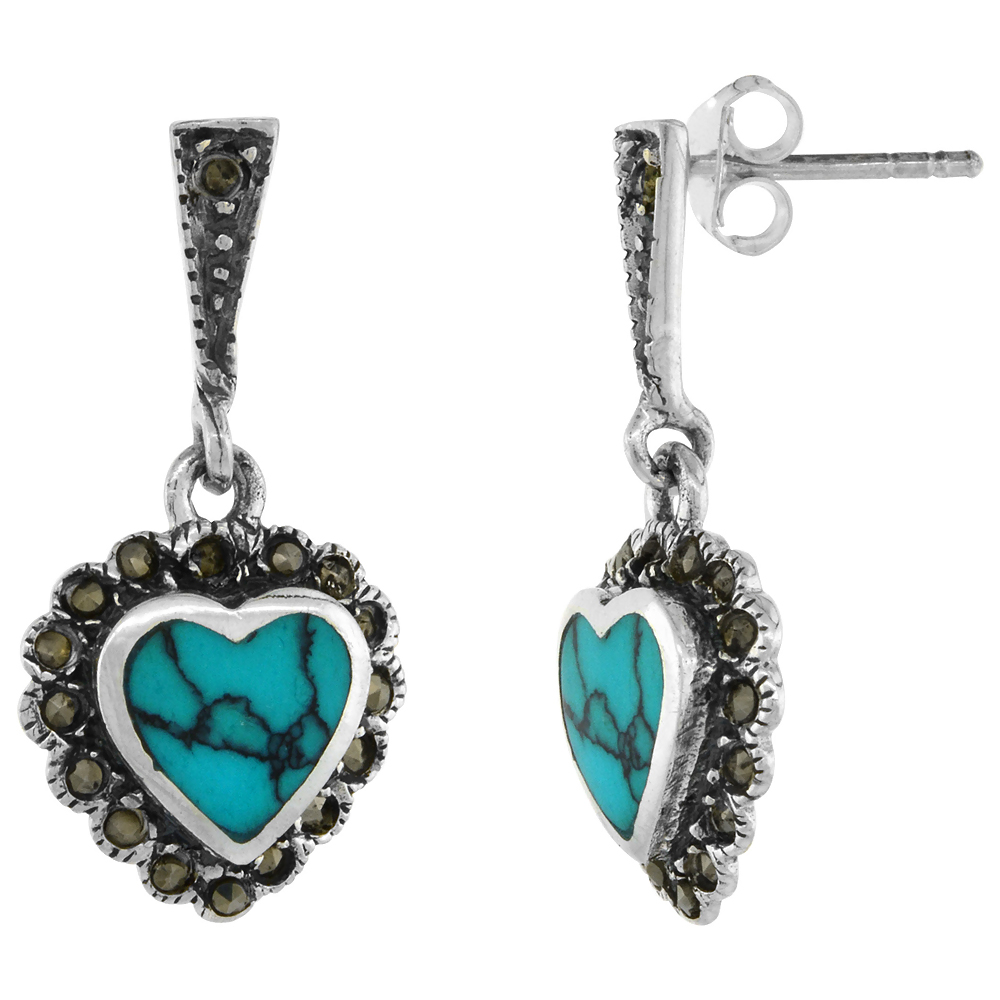 Sterling Silver Turquoise Heart Marcasite Drop Earrings, 1 1/16 inch long