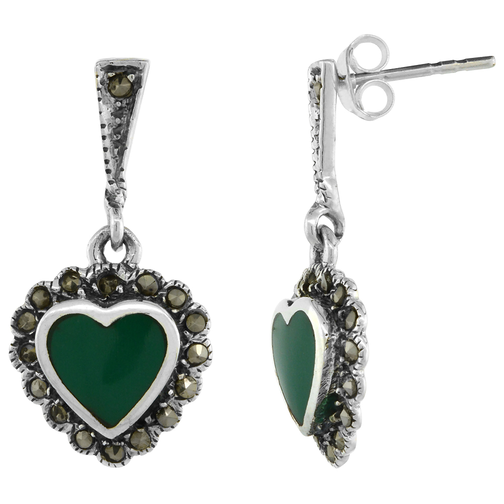 Sterling Silver Green Heart Marcasite Drop Earrings, 1 1/16 inch long