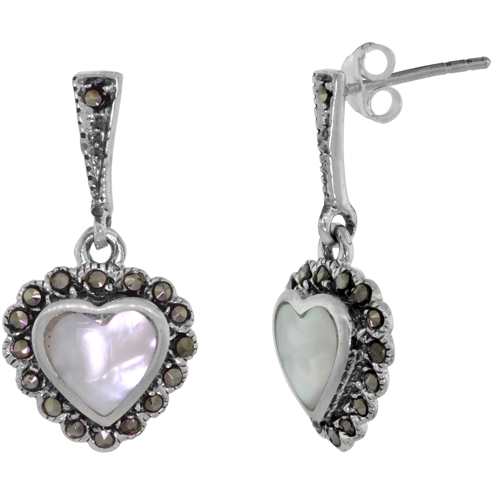 Sterling Silver Mother of Pearl Heart Marcasite Drop Earrings, 1 1/16 inch long