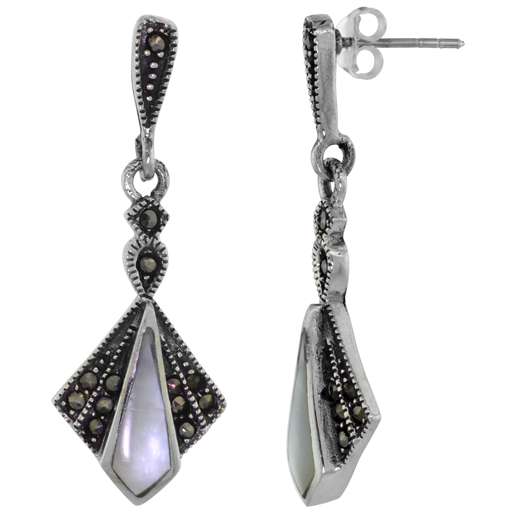 Sterling Silver Mother of Pearl Marcasite Dangle Earrings, 1 1/2 inch long