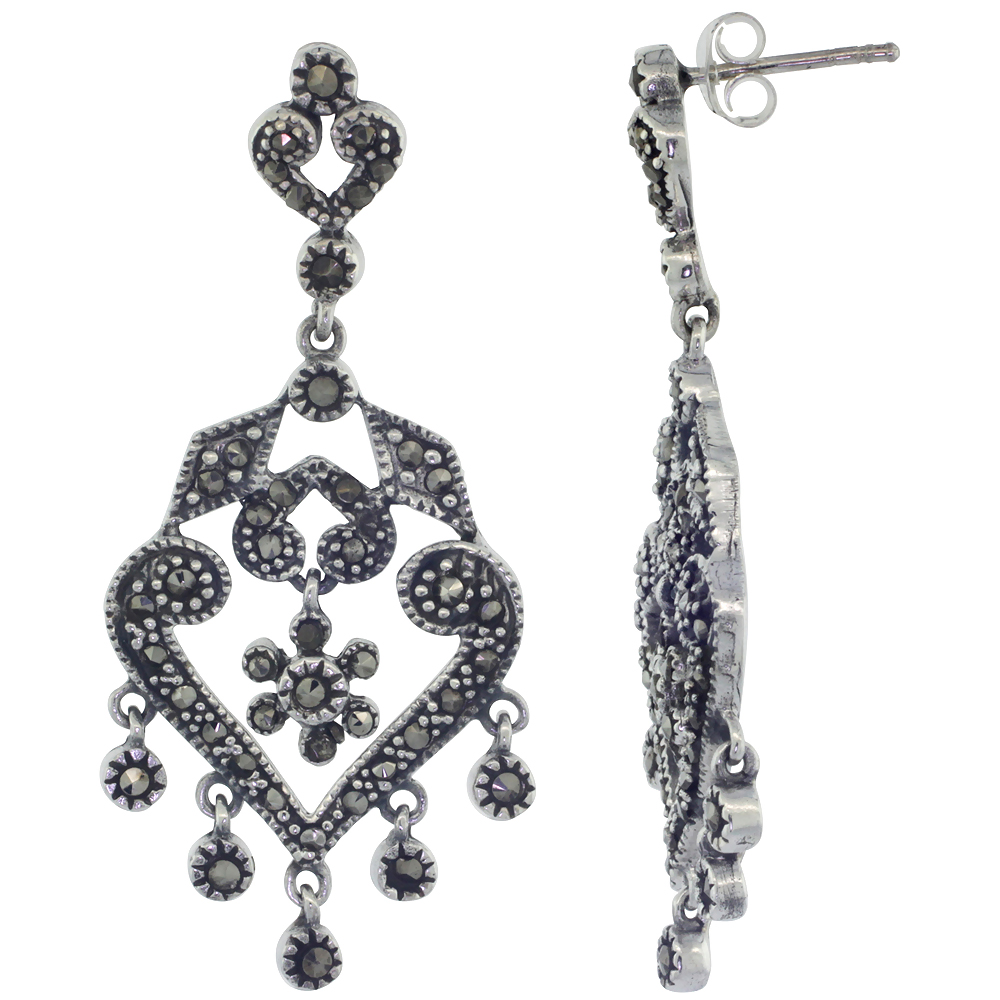 Sterling Silver Marcasite Chandelier Earrings Art Deco Hearts 1 7/8 inch long