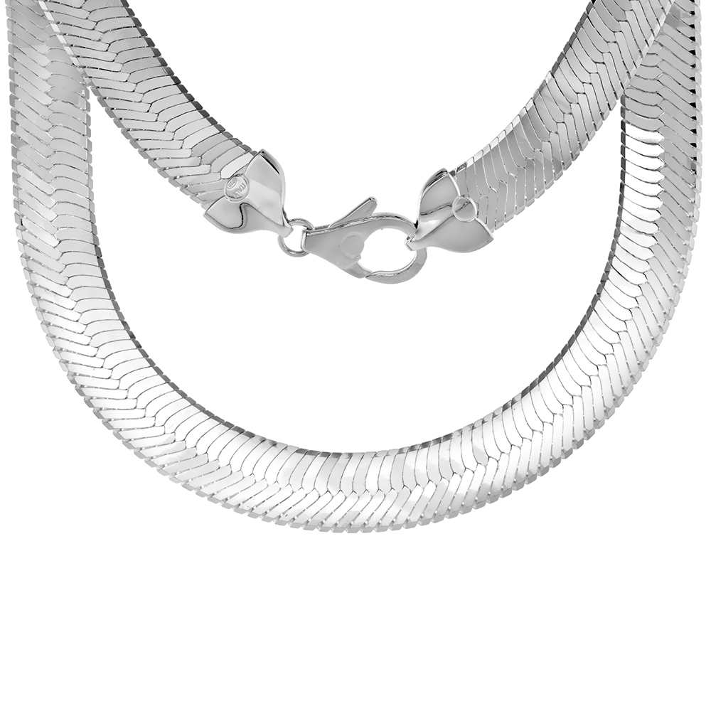 STERLING SILVER 16MM HERRINGBONE NECKLACES FOR WOMEN AND MEN BEVELED EDGES NICKEL FREE ITALY 7-30 INCH