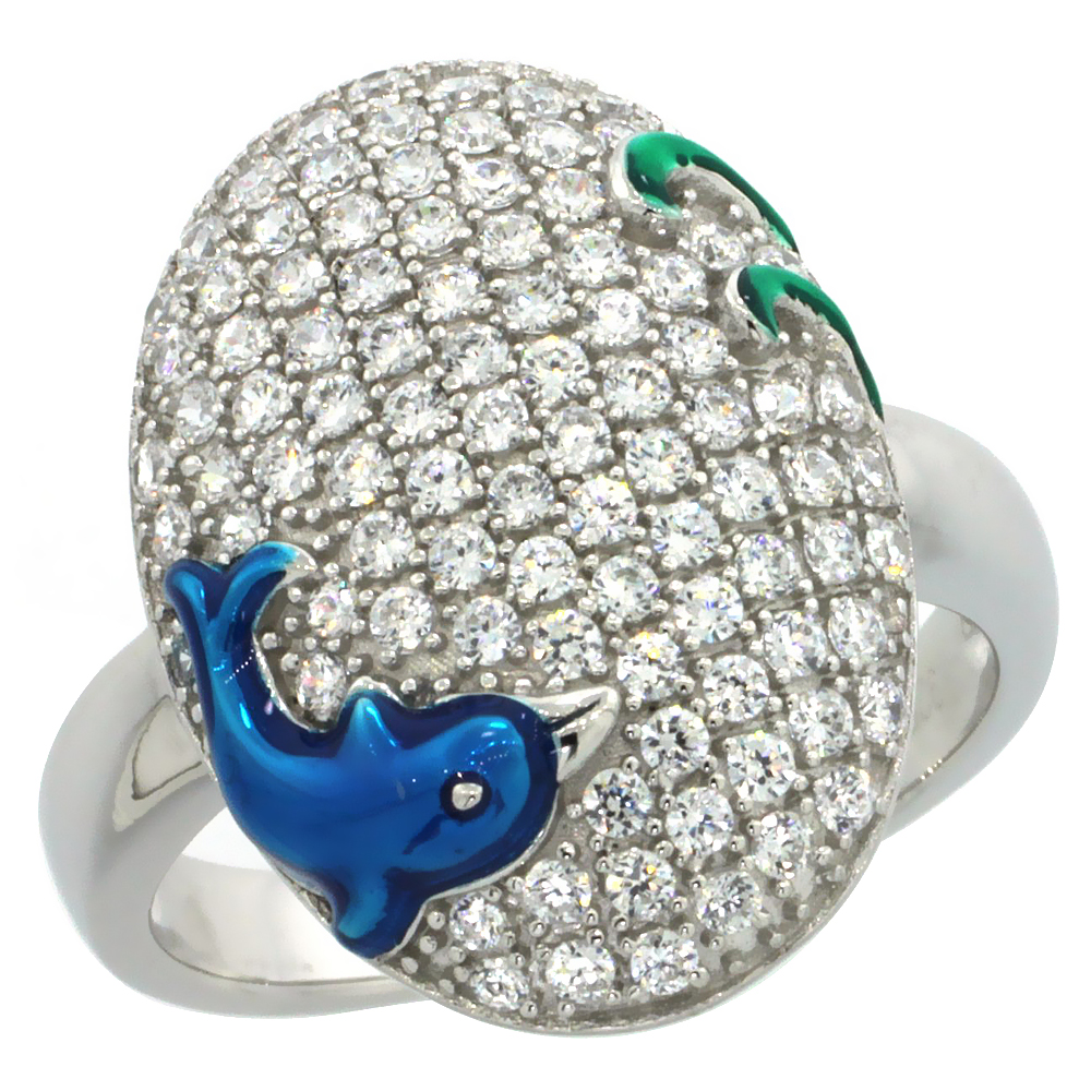 Sterling Silver Blue Dolphin on Oval Ring w/ Brilliant Cut CZ Stones, 13/16 in. (20 mm) wide