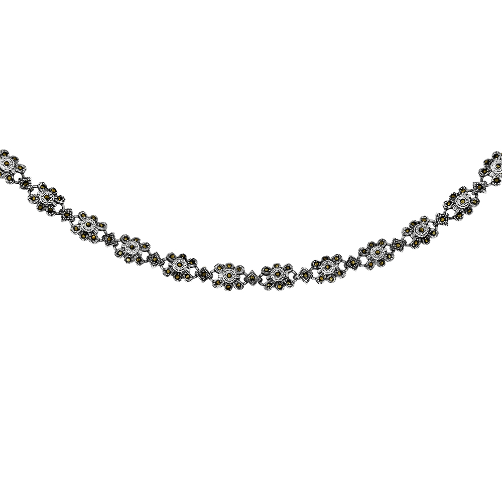 Sterling Silver Flower Marcasite Necklace, 16 inches long