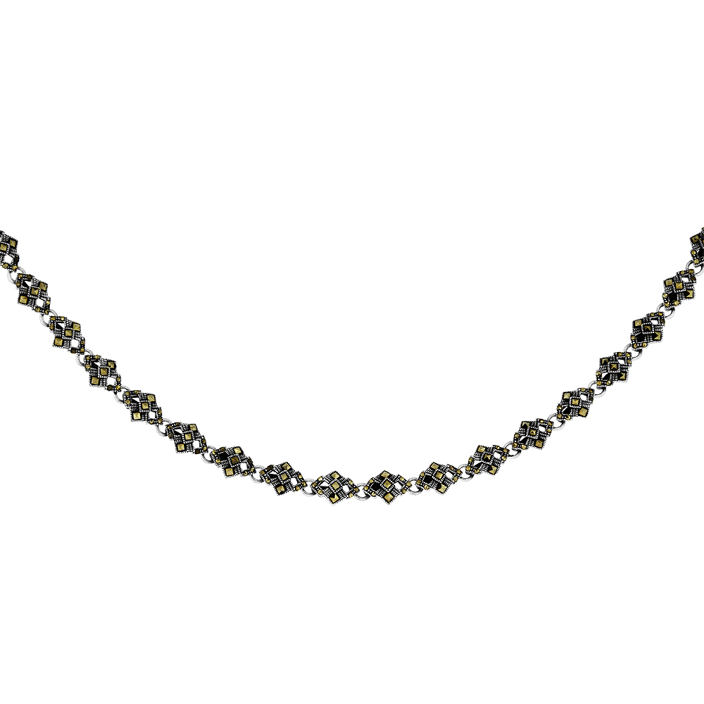 Sterling Silver Rhombus Shape Marcasite Necklace, 16 inche slong