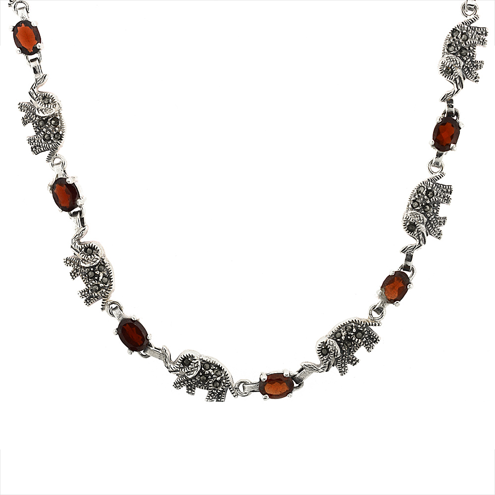 STERLING SILVER CUBIC ZIRCONIA GARNET ELEPHANT MARCASITE NECKLACE, 16 INCH LONG