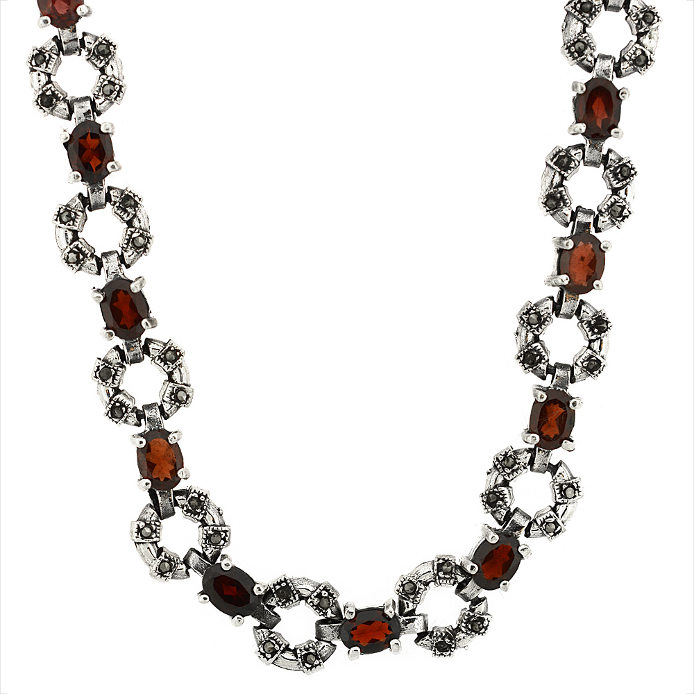 Sterling Silver Cubic Zirconia Garnet Donut Marcasite Necklace, 16 inch long