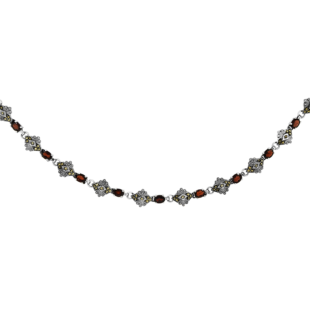 Sterling Silver Cubic Zirconia Garnet Marcasite Necklace, 16 inches long