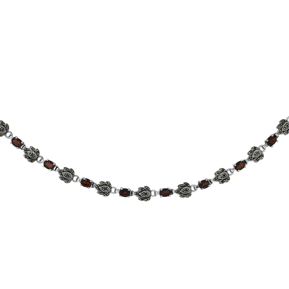 Sterling Silver Cubic Zirconia Garnet Marcasite Necklace, 16 inch long