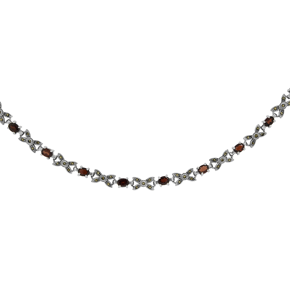 Sterling Silver Cubic Zirconia Garnet Bow Marcasite Necklace, 16 inches long