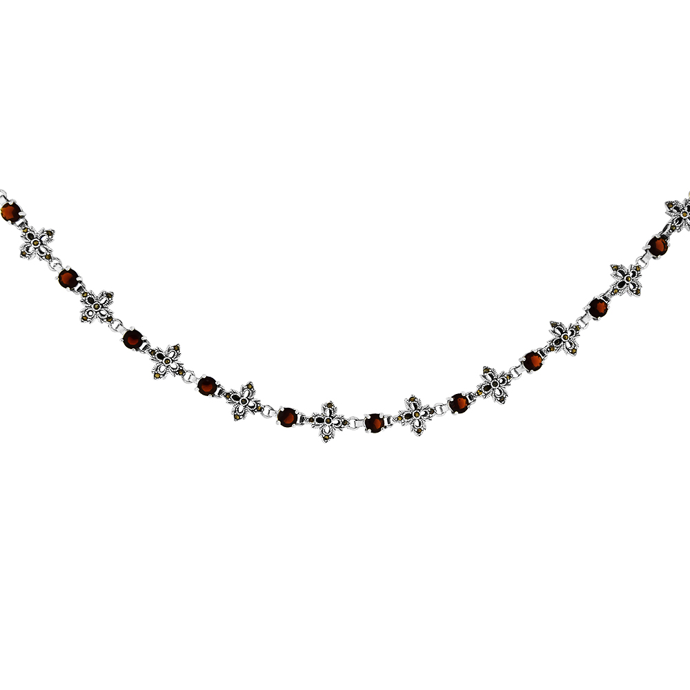 Sterling Silver Cubic Zirconia Garnet Floral Marcasite Necklace, 16 inches long