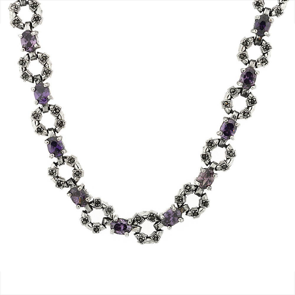 Sterling Silver Cubic Zirconia Amethyst Donut Marcasite Necklace, 16 inch long