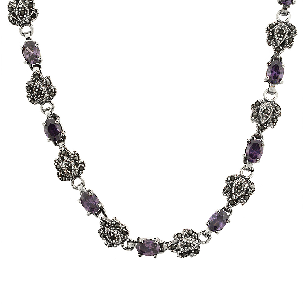 Sterling Silver Cubic Zirconia Amethyst Marcasite Necklace, 16 inch long