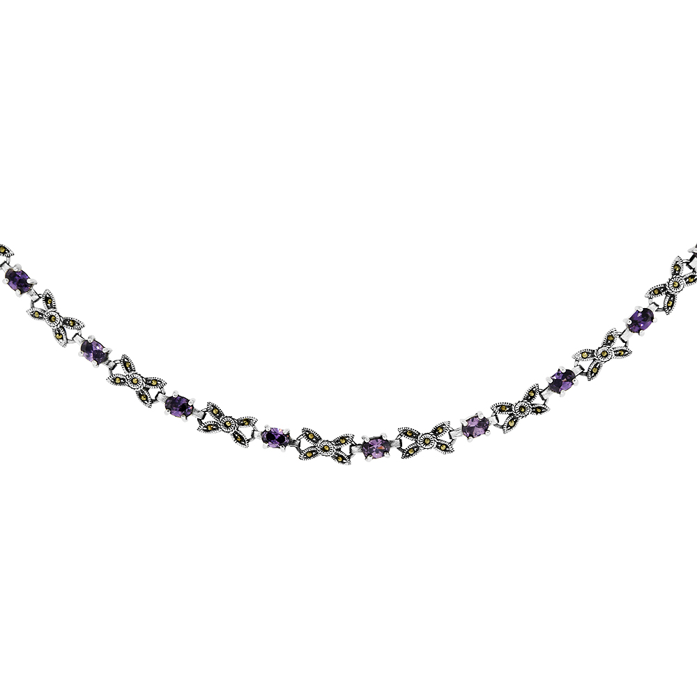 Sterling Silver Cubic Zirconia Amethyst Bow Marcasite Necklace, 16 inches long