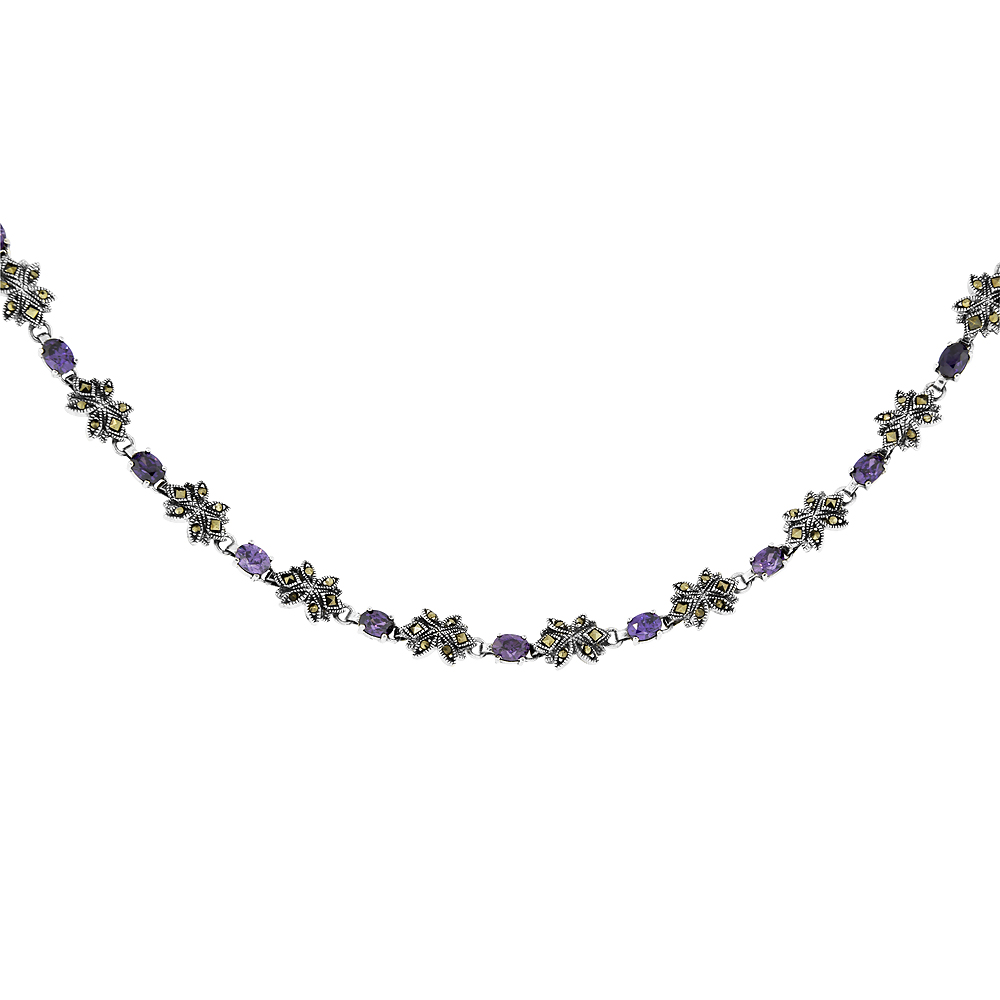 Sterling Silver Cubic Zirconia Amethyst Flower Marcasite Necklace, 16 inches long