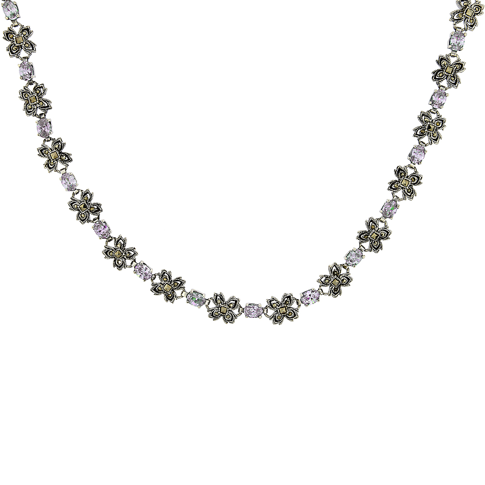 Sterling Silver Cubic Zirconia Lavender Flower Marcasite Necklace, 16 inch long