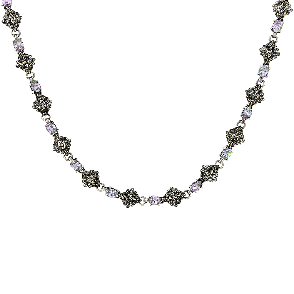 Sterling Silver Cubic Zirconia Lavender Marcasite Necklace, 16 inch long