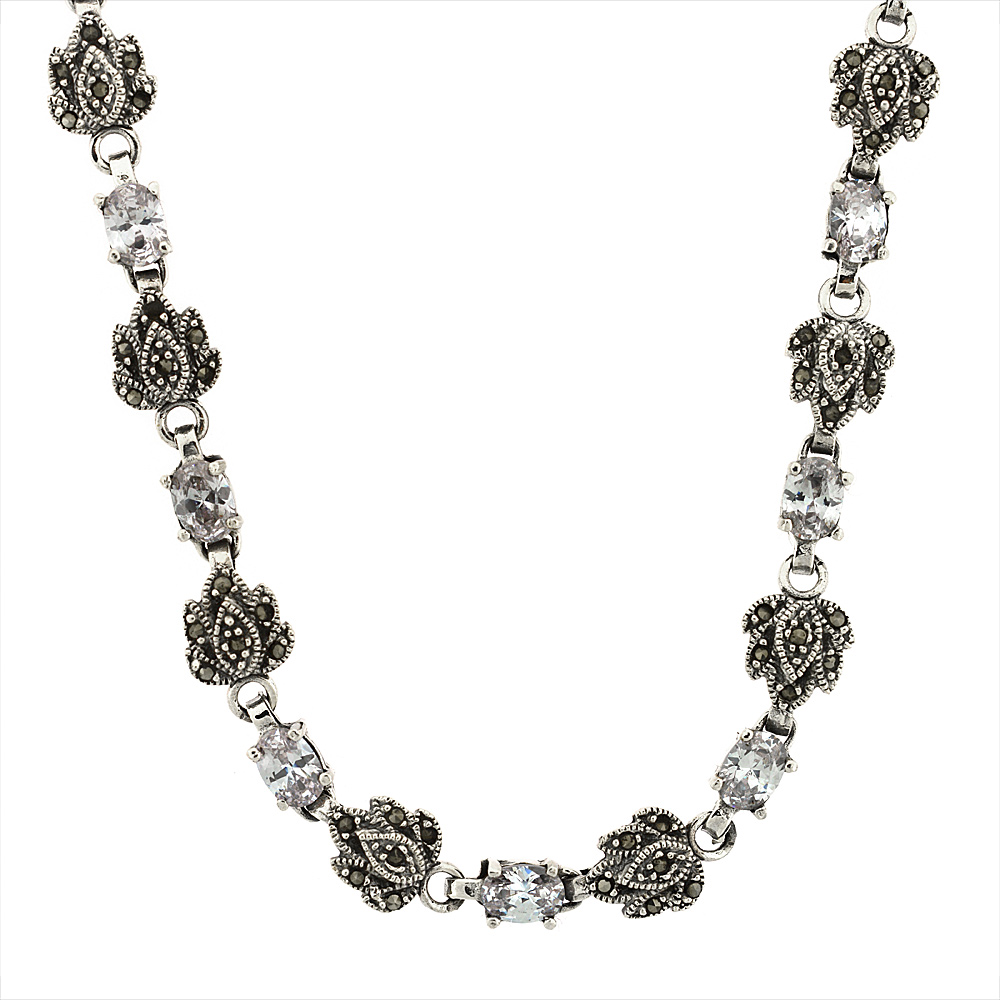 Sterling Silver Cubic Zirconia Clear Marcasite Necklace, 16 inch long