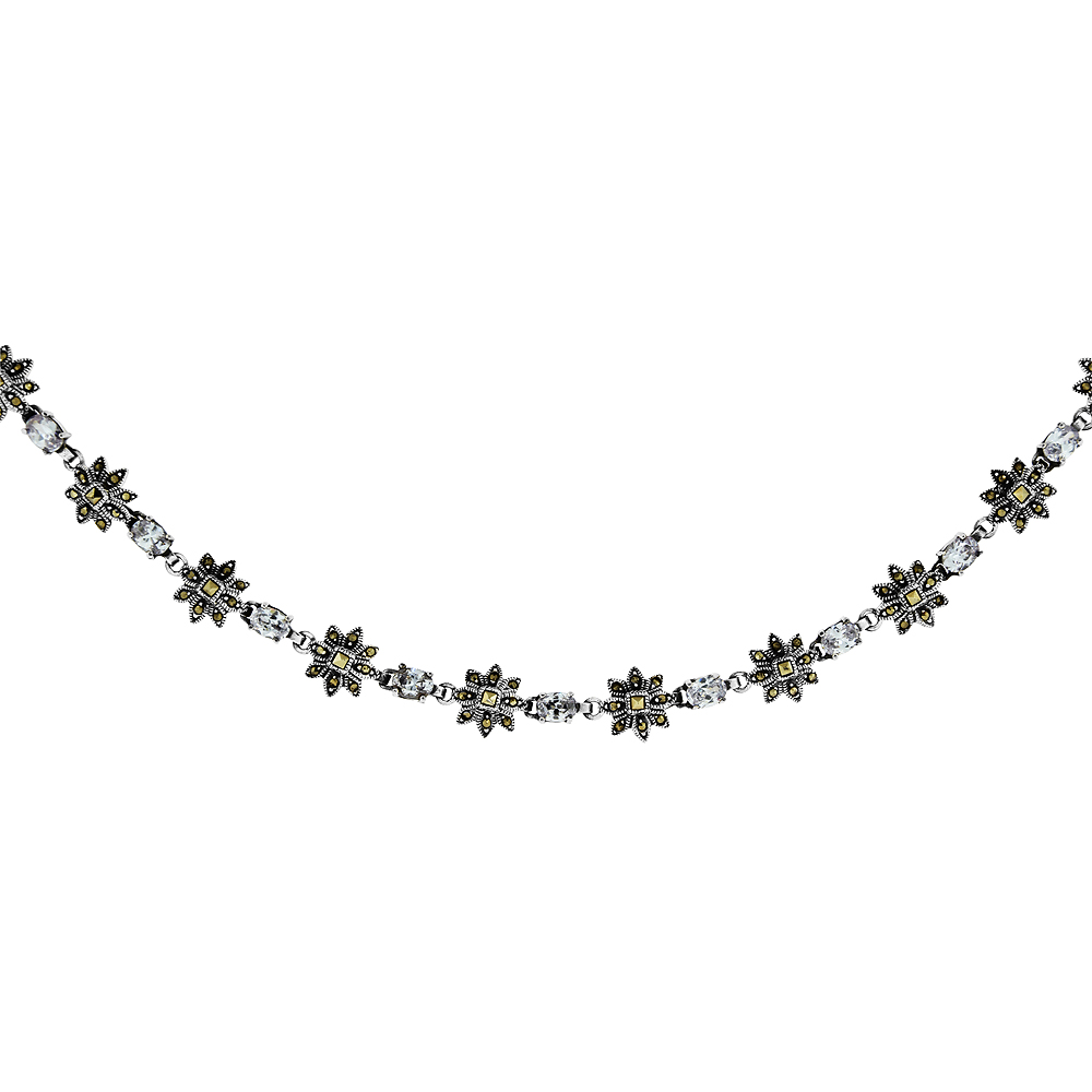 Sterling Silver Cubic Zirconia Lavender Sun Inspired Marcasite Necklace, 16 inches long