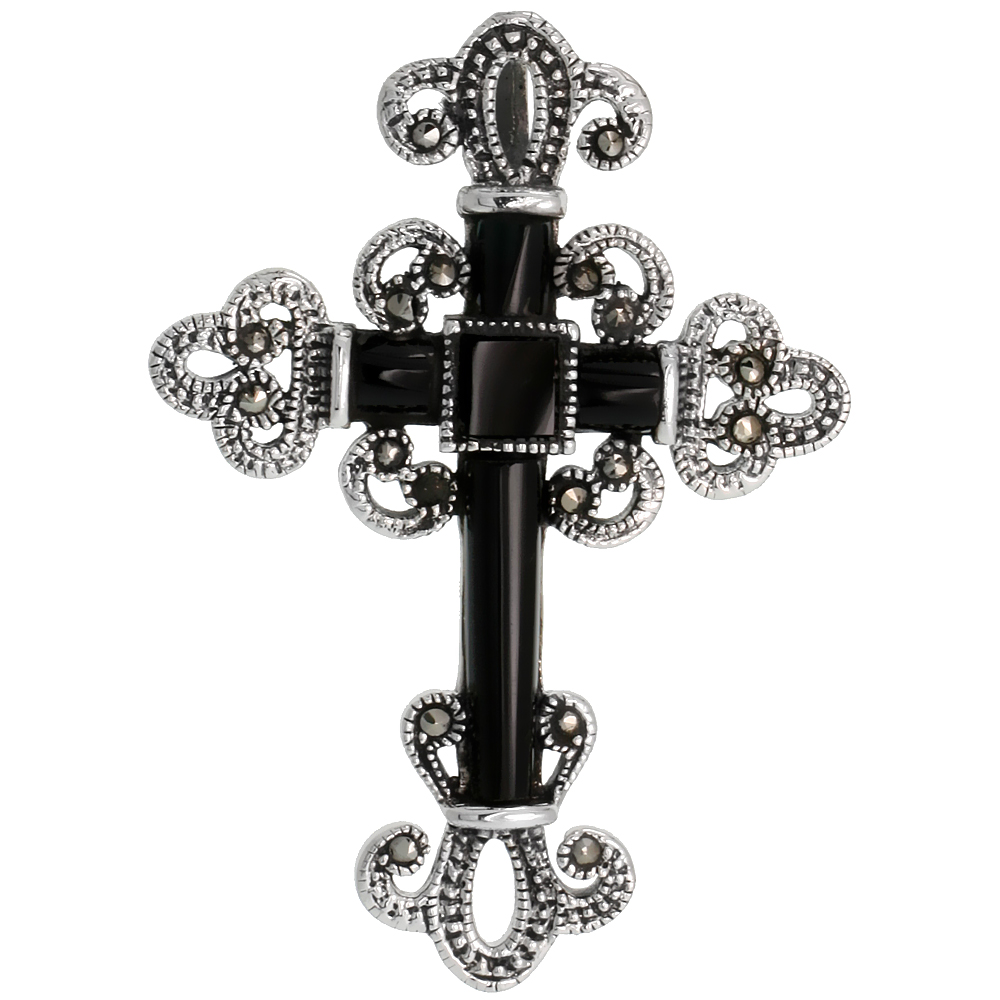STERLING SILVER MARCASITE CROSS FLEURY PENDANT, W/ JET STONES, 2 1/16" (53 MM) TALL