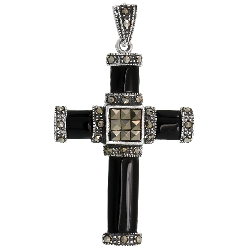 STERLING SILVER MARCASITE CROSS PENDANT, W/ JET STONES, 1 3/4" (45 MM) TALL