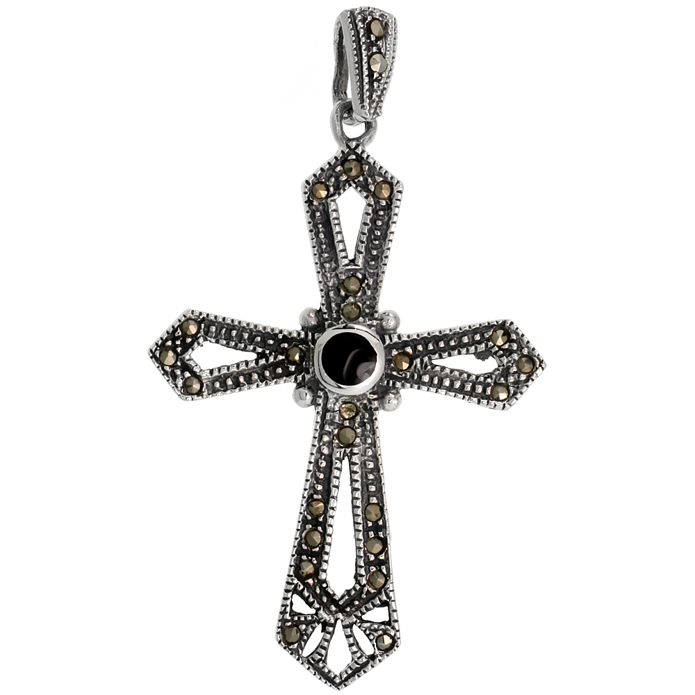 STERLING SILVER MARCASITE CROSS PENDANT, W/ ROUND JET STONE INLAY, 2" (51 MM) TALL