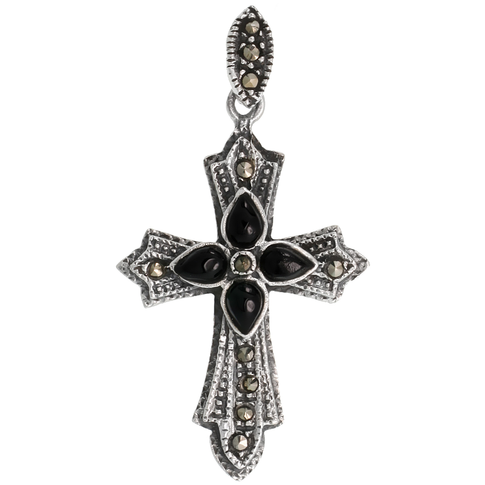STERLING SILVER MARCASITE NEW COPTIC CROSS PENDANT W/ PEAR SHAPE JET STONES 1 13/16 (46 MM) TALL