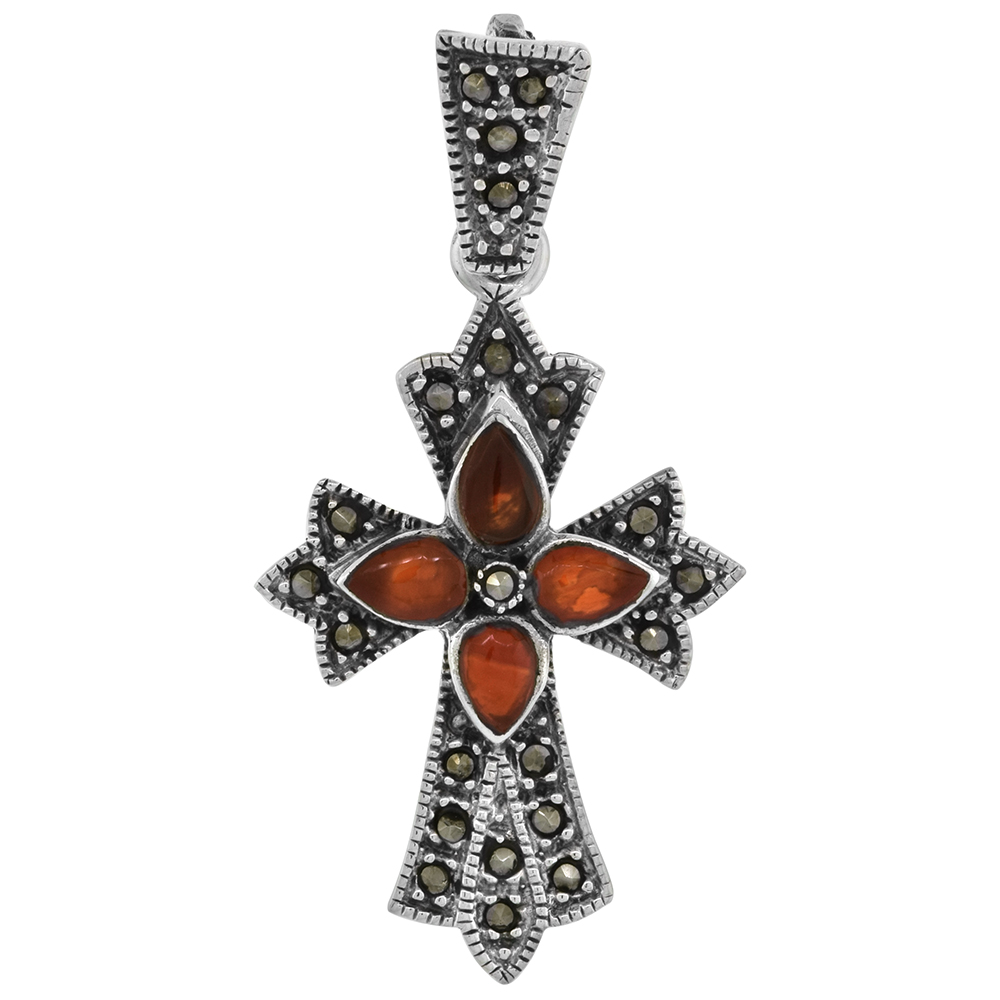 1 3/4 INCH MARCASITE CARNELIAN PATONCE CROSS PENDANT FOR WOMEN PEAR SHAPE CABOCHON STONES 46 MM TALL