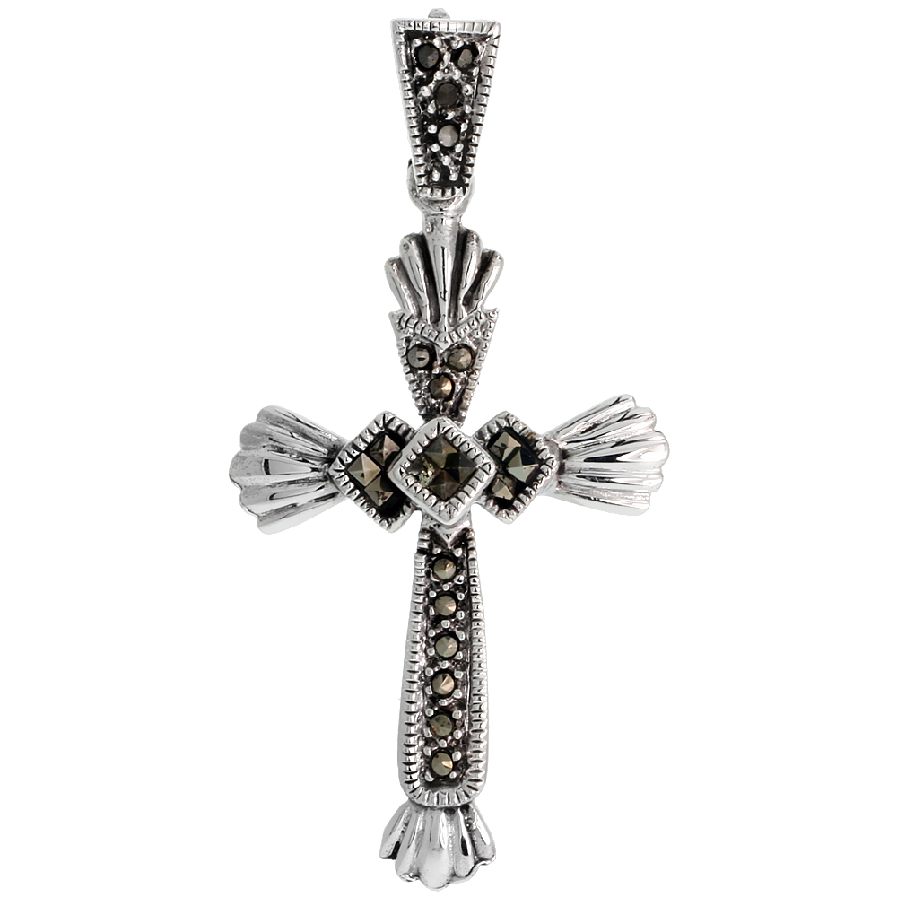 STERLING SILVER MARCASITE CROSS PENDANT, 2 1/8" (53 MM) TALL