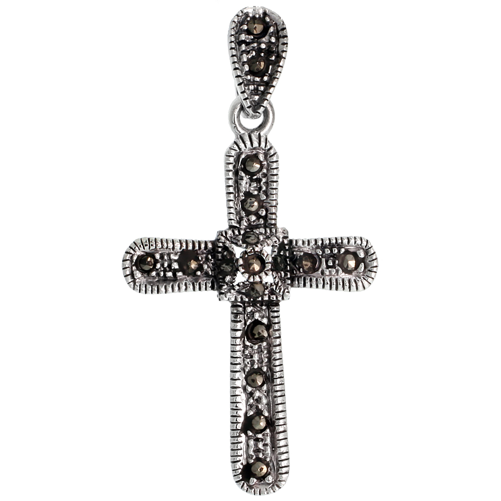 STERLING SILVER MARCASITE QUADRATE CROSS PENDANT, W/ ROPE EDGES, 1 7/16" (37 MM) TALL