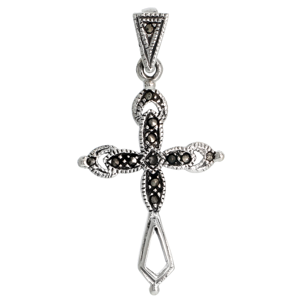 STERLING SILVER MARCASITE MASCLY CROSS PENDANT, 1 3/8" (36 MM) TALL