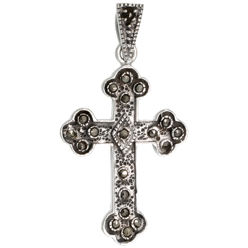 STERLING SILVER MARCASITE BUDDED CROSS PENDANT, 1 3/8" (35 MM) TALL