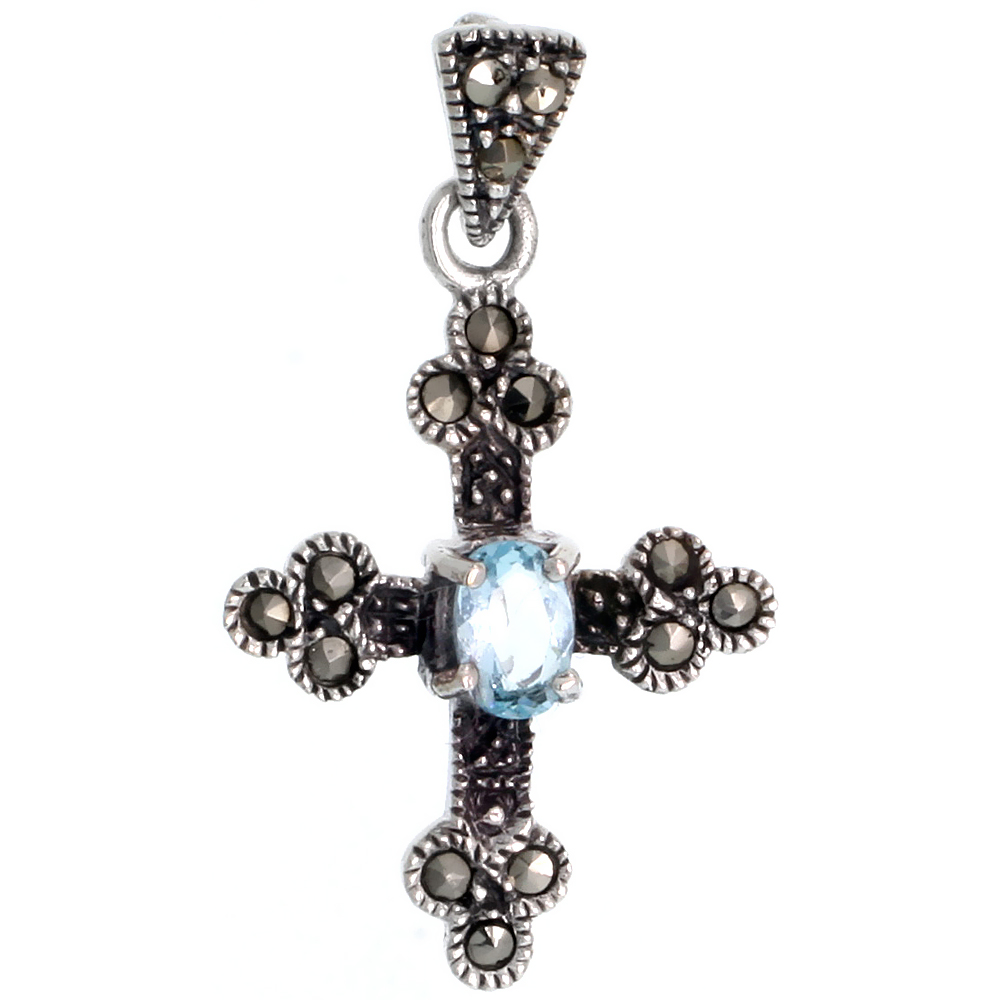 STERLING SILVER MARCASITE CROSS BOTTONY PENDANT, W/ OVAL BLUE TOPAZ COLOR CZ STONE, 1 1/4" (31 MM) TALL