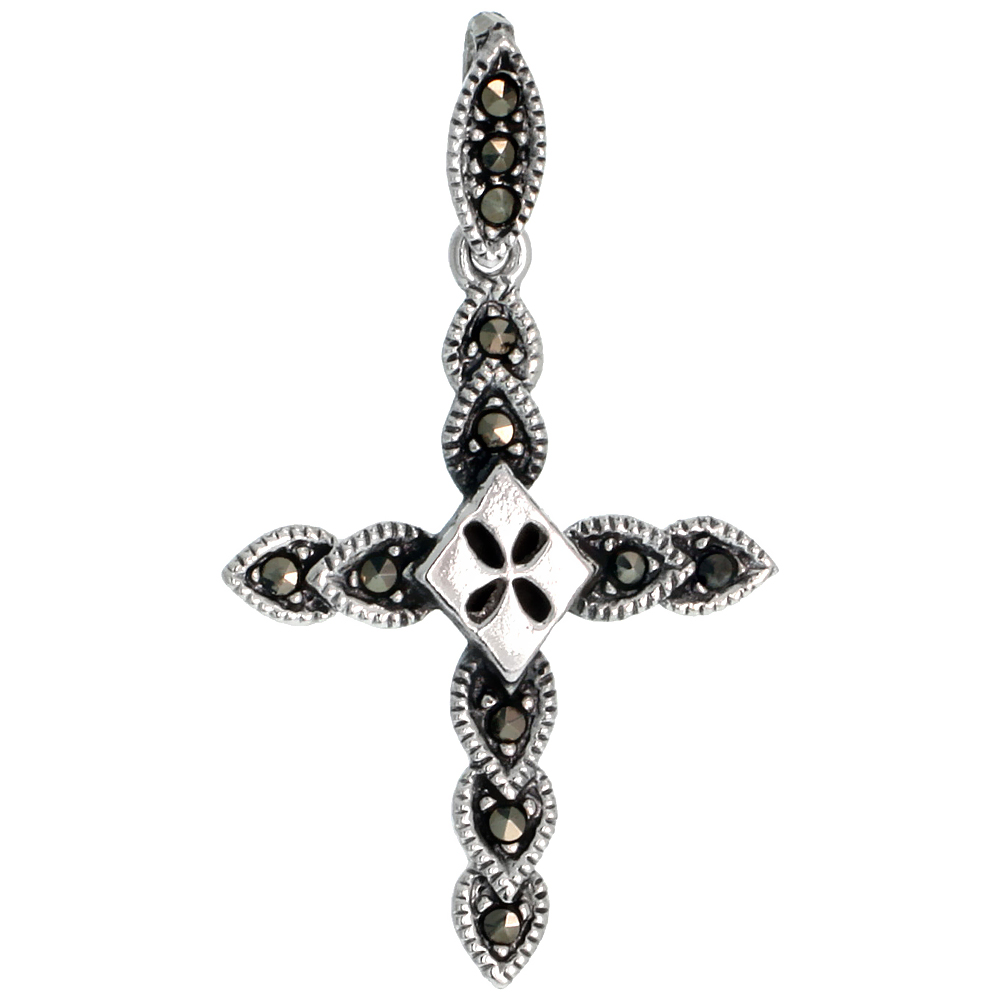 STERLING SILVER MARCASITE CROSS PENDANT, 1 1/2" (38 MM) TALL