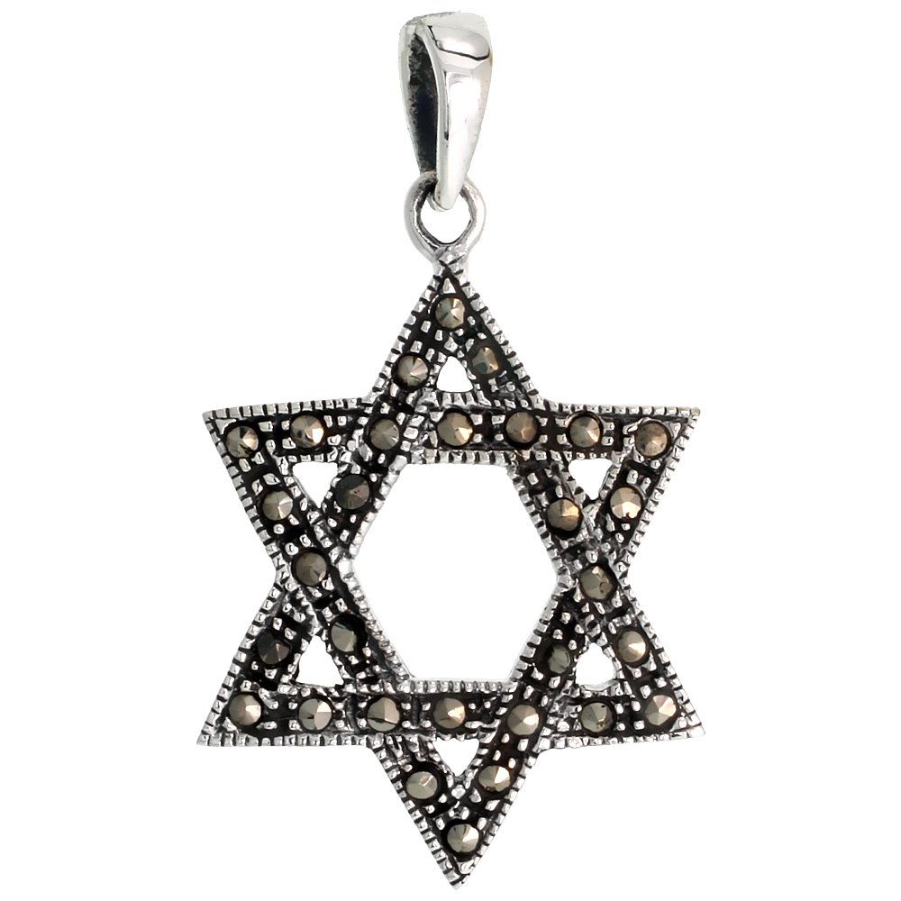 STERLING SILVER MARCASITE STAR OF DAVID PENDANT, 1 1/4" (31 MM) TALL