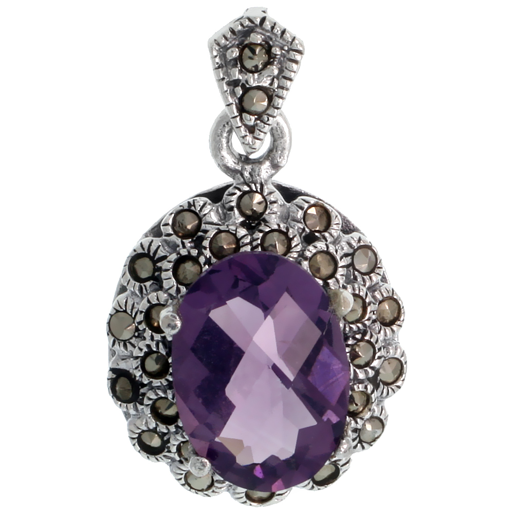 STERLING SILVER OVAL MARCASITE PENDANT, W/ AMETHYST CENTER STONE, 1 3/16" (30 MM) TALL
