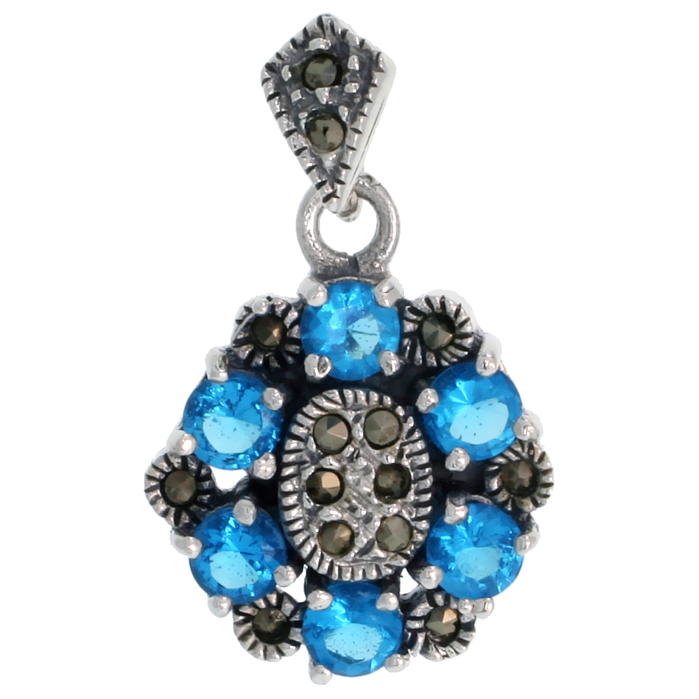 STERLING SILVER MARCASITE FLOWER PENDANT, W/ BRILLIANT CUT 4 MM BLUE TOPAZ CZ STONES, 1 1/16" (27 MM) TALL