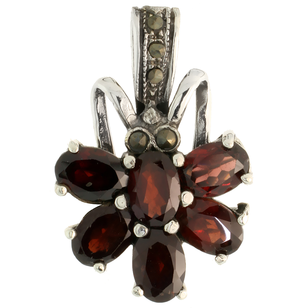 STERLING SILVER MARCASITE FLOWER PENDANT, W/ OVAL CUT 6X4 MM GARNET STONES, 1 1/8" (28 MM) TALL