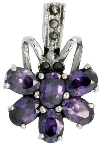 STERLING SILVER MARCASITE FLOWER PENDANT, W/ AMETHYST COLOR CZ STONES, 1 1/8" (28 MM) TALL