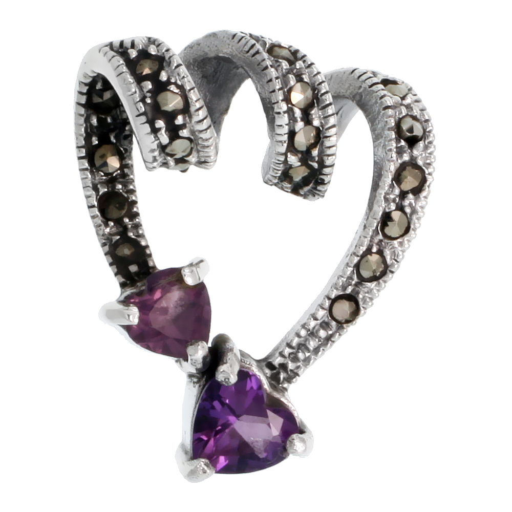 STERLING SILVER MARCASITE HEART CUT OUT PENDANT, W/ HEART SHAPE AMETHYST CZ STONES, 1 1/8" (28 MM) TALL