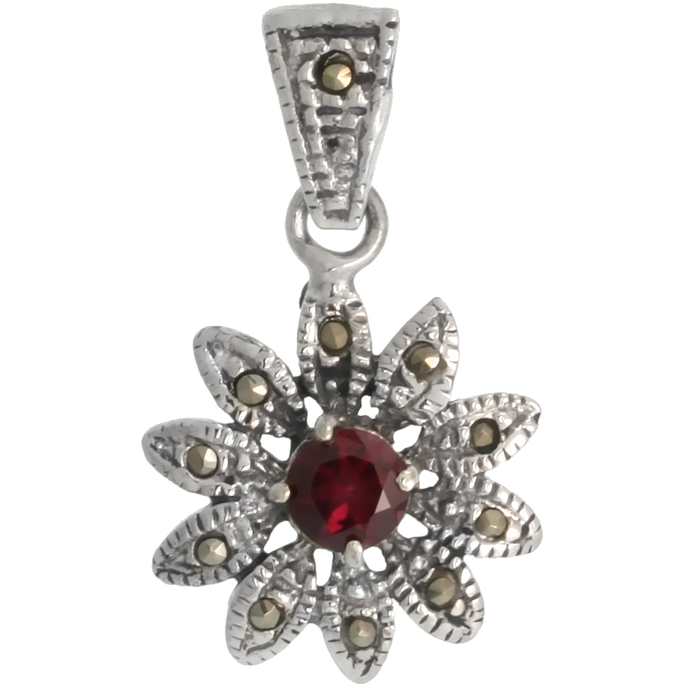 STERLING SILVER MARCASITE FLOWER PENDANT, W/ BRILLIANT CUT 4 MM GARNET COLOR CZ STONE, 1" (25 MM) TALL