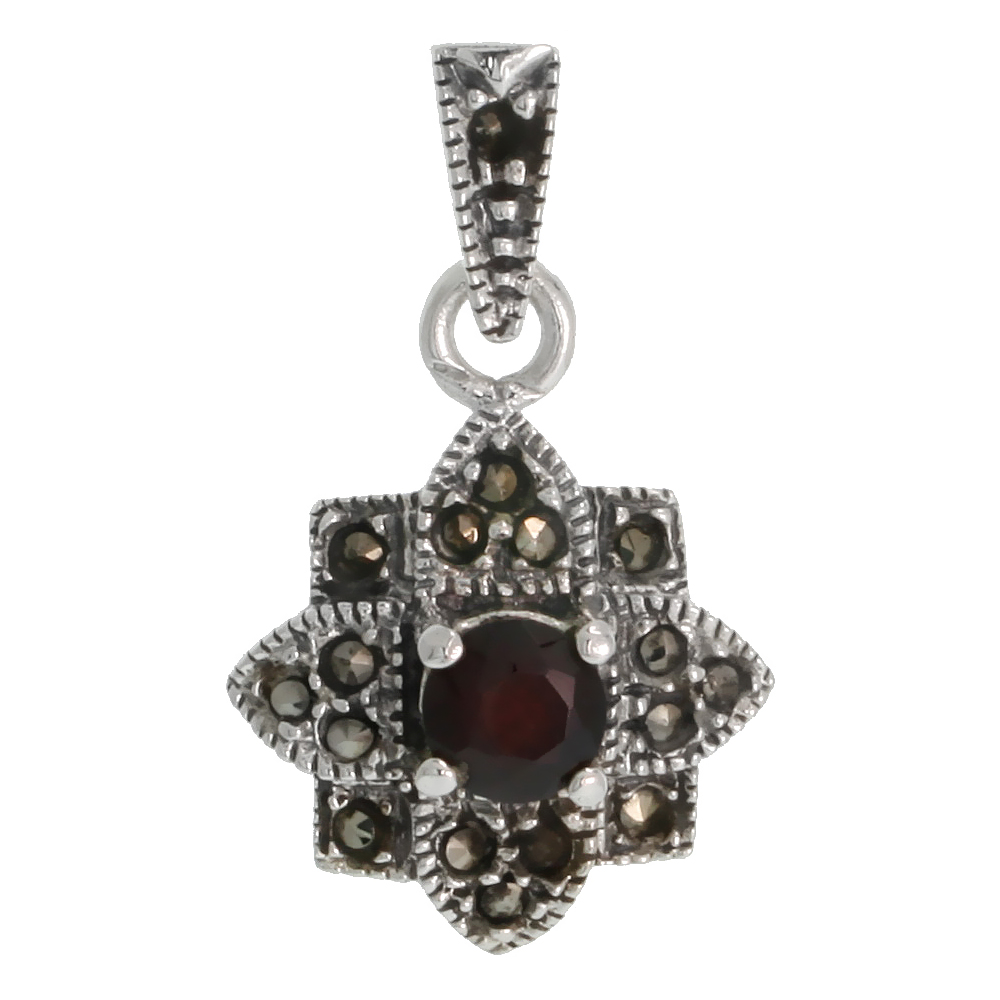 STERLING SILVER MARCASITE FLOWER PENDANT, W/ BRILLIANT CUT 5 MM GARNET COLOR CZ STONE, 3/4" (20 MM) TALL