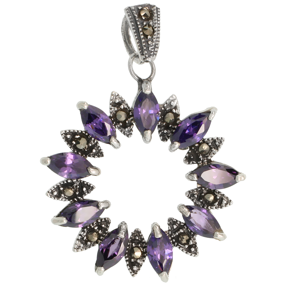 STERLING SILVER MARCASITE WREATH PENDANT, W/ MARQUISE CUT 8X4 MM AMETHYST CZ STONES, 1 3/8" (35 MM) TALL