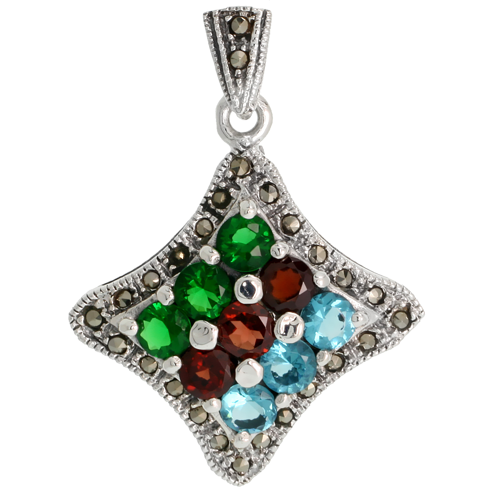 STERLING SILVER MARCASITE 4-POINT STAR PENDANT, W/ BRILLIANT CUT 5 MM GARNET, EMERALD & BLUE TOPAZ CZ STONES, 1 7/16" (36 MM) TALL
