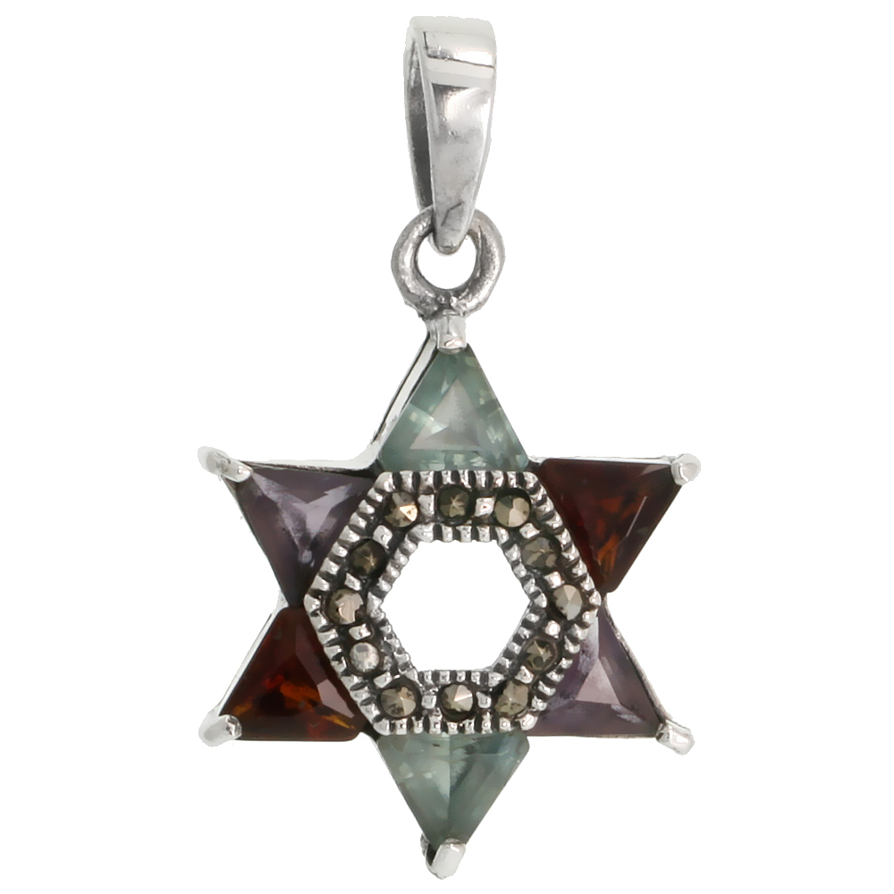 STERLING SILVER MARCASITE STAR OF DAVID PENDANT, W/ BRILLIANT CUT 4 MM GARNET, AMETHYST & BLUE TOPAZ CZ STONES, 1" (25 MM) TALL
