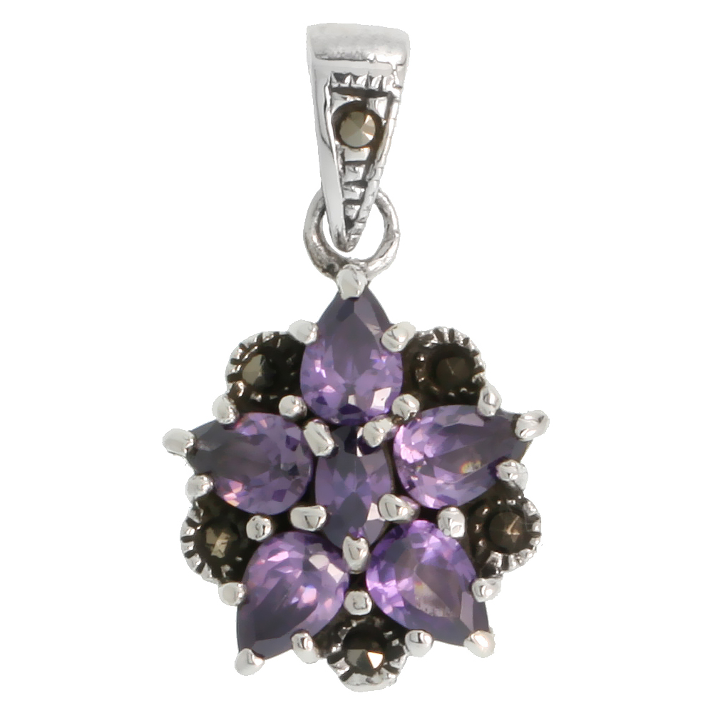 STERLING SILVER MARCASITE FLOWER PENDANT, W/ PEAR & OVAL CUT AMETHYST CZ STONES, 3/4" (19 MM) TALL