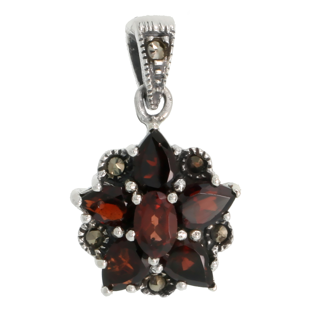 STERLING SILVER MARCASITE FLOWER PENDANT, W/ PEAR & OVAL CUT GARNET STONES, 3/4" (19 MM) TALL